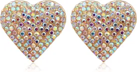Heart Love AB Crystal Pave Clip On Gold Earrings for Women - PeriFairy Rhinestone Colorful Earrings Non Pierced Jewelry