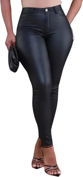 hibshaby Womens Stretchy Leggings Faux Leather Zipper Pants High Waist Casual Trousers