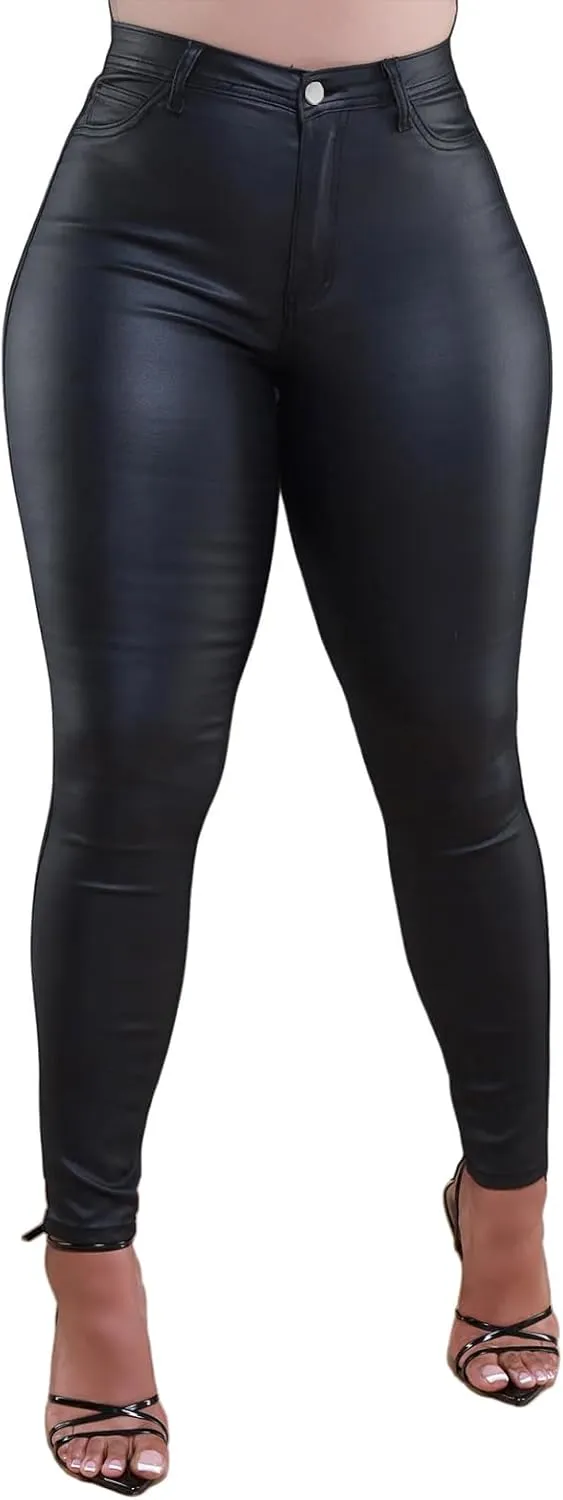 hibshaby Womens Stretchy Leggings Faux Leather Zipper Pants High Waist Casual Trousers