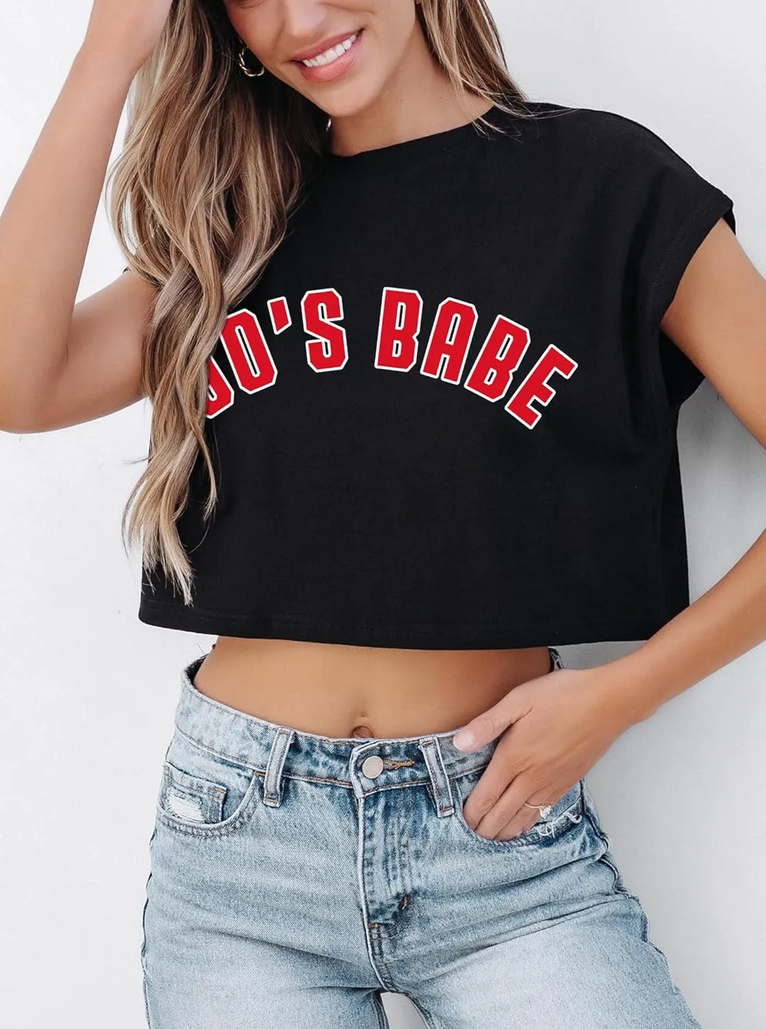 Hilinker Women's Graphic Cap Sleeve Crop Tops Summer Casual Crew Neck T Shirts Loose Fit Basic Tees