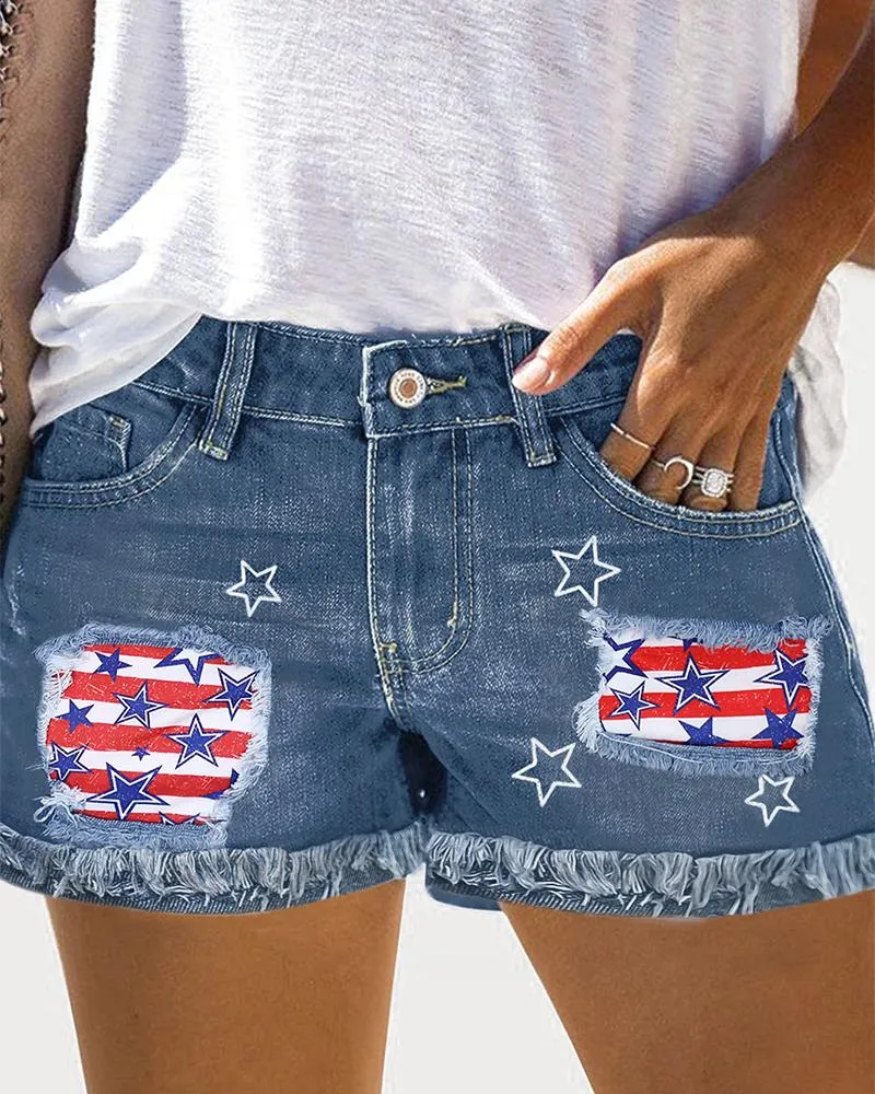 Independence Day Flag Print Patchwork Raw Hem Denim Shorts