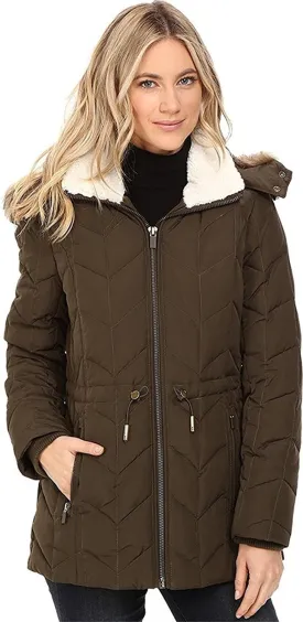 Kenneth Cole New York Women's Quilted Chevorn Coat With Fur Hood - CLEARANCE - FINAL SALE