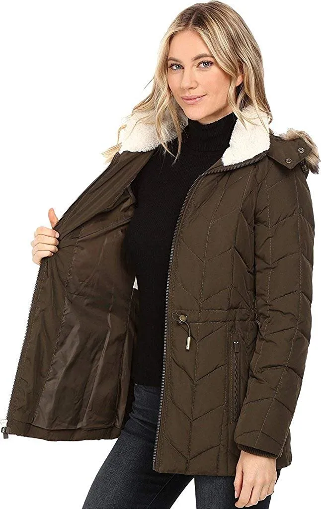Kenneth Cole New York Women's Quilted Chevorn Coat With Fur Hood - CLEARANCE - FINAL SALE