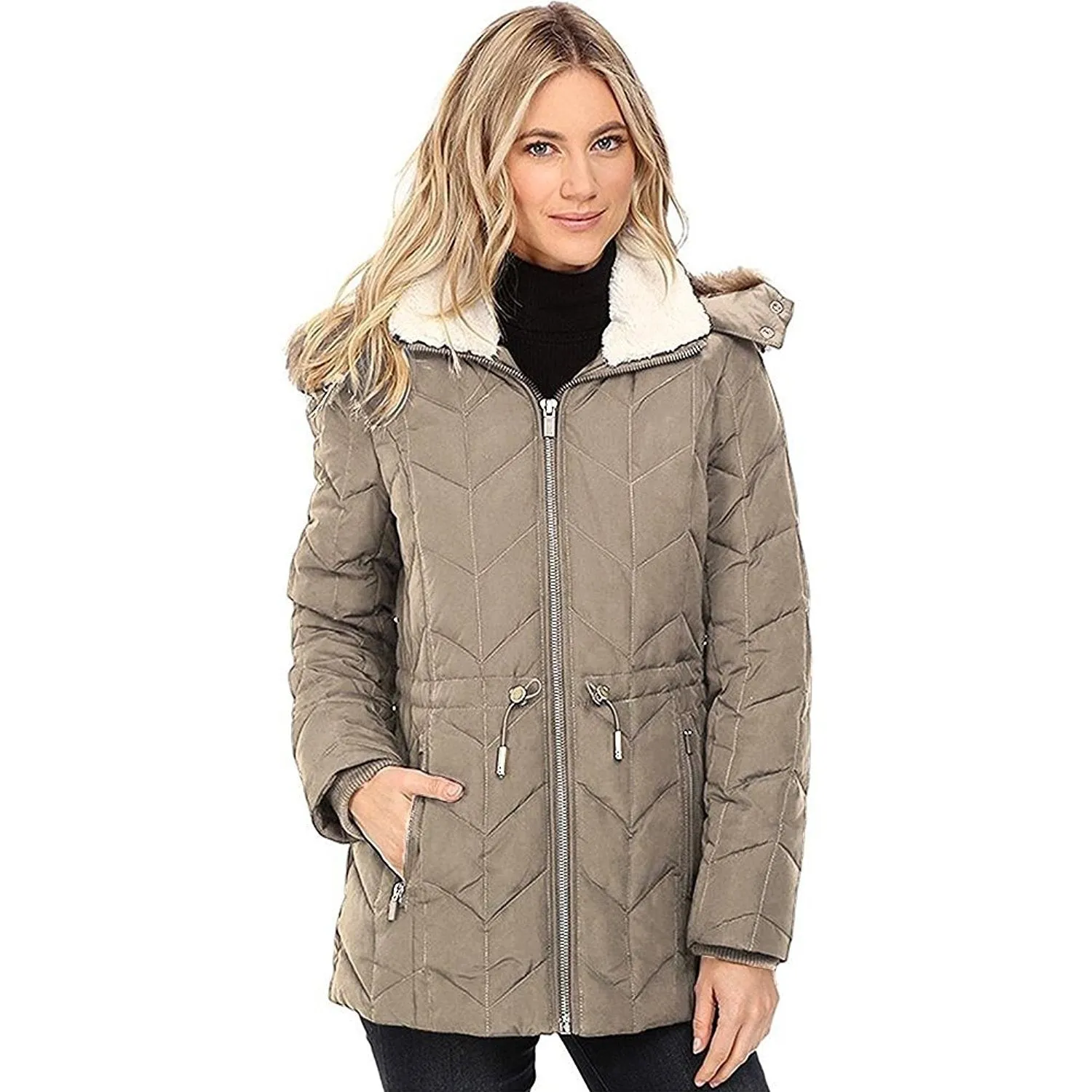 Kenneth Cole New York Women's Quilted Chevorn Coat With Fur Hood - CLEARANCE - FINAL SALE