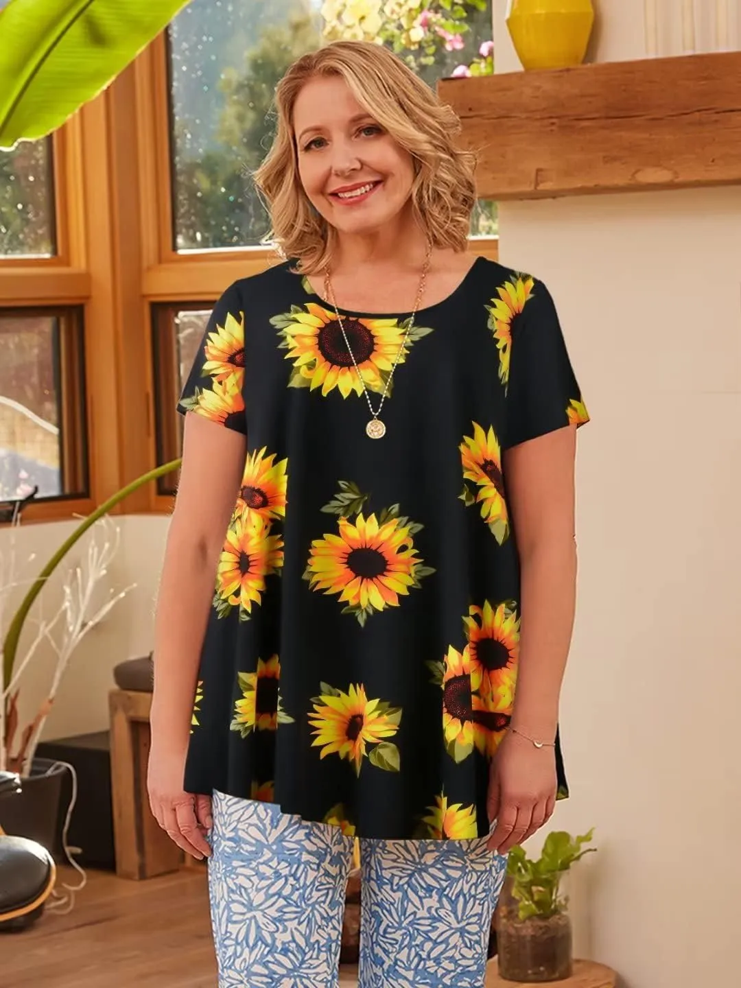 LARACE Plus Size Tops for Women Short Sleeve Shirts Casual Summer Clothes Round Neck Tunics for Leggings