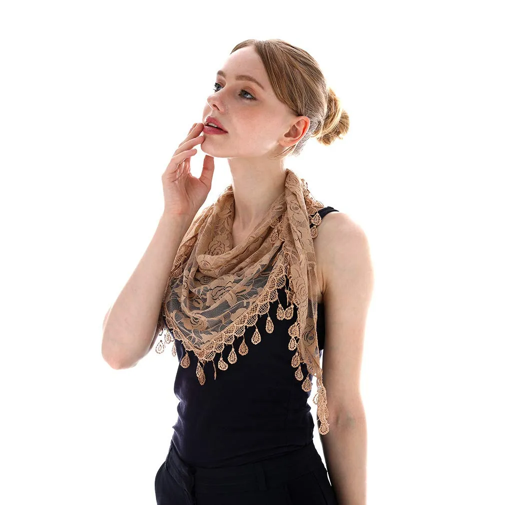 LMVERNA Triangle Tassel Mantilla Veil Lightweight Fashion Floral Soft Lace Scarf (Nude)