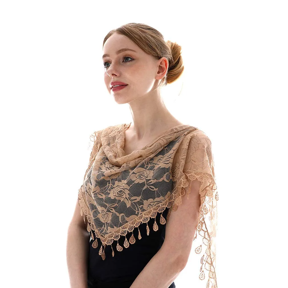 LMVERNA Triangle Tassel Mantilla Veil Lightweight Fashion Floral Soft Lace Scarf (Nude)