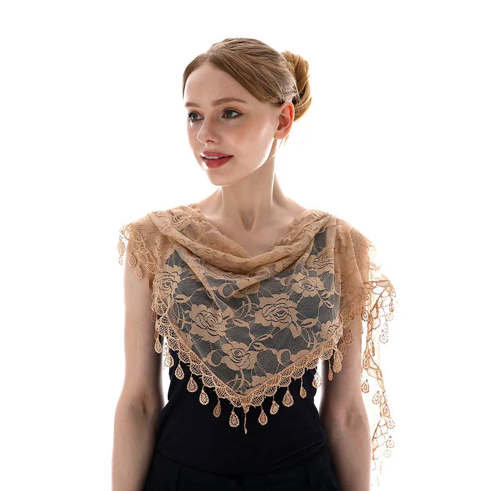 LMVERNA Triangle Tassel Mantilla Veil Lightweight Fashion Floral Soft Lace Scarf (Nude)