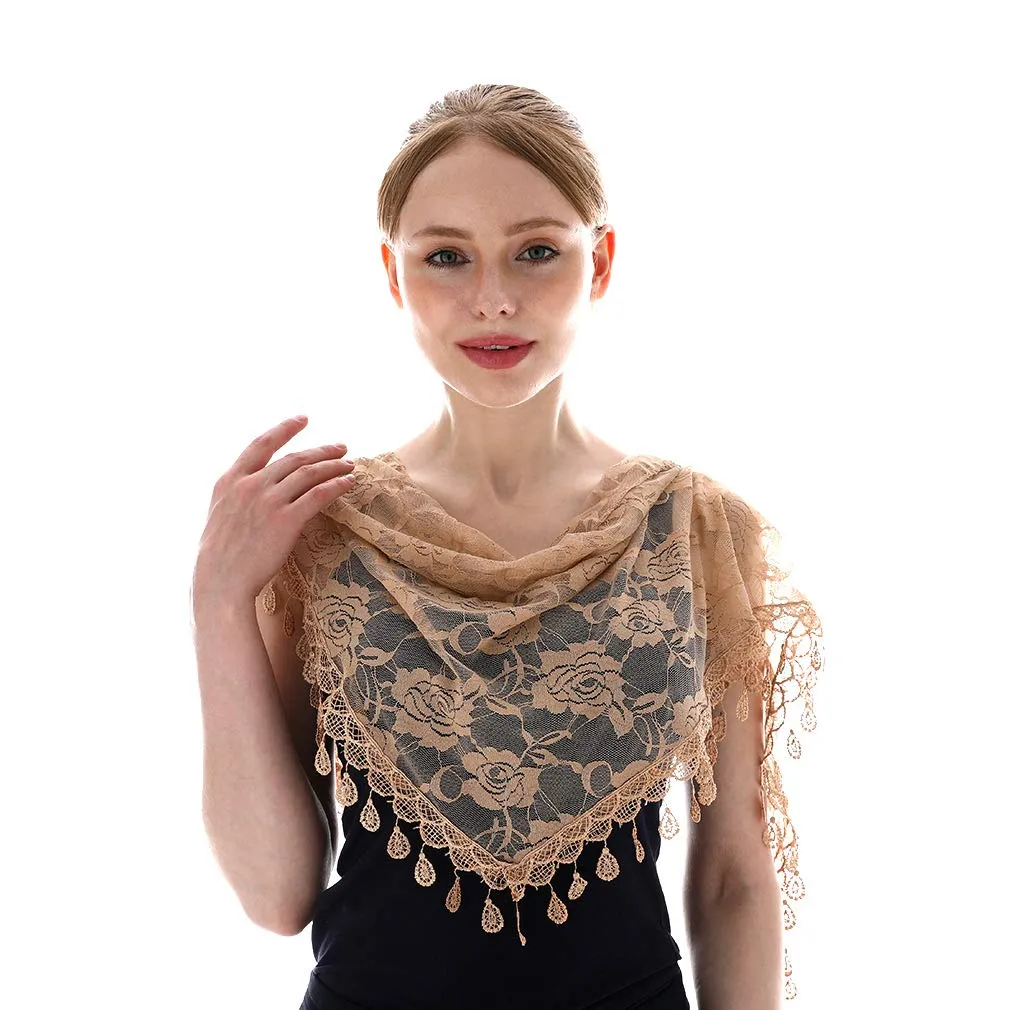 LMVERNA Triangle Tassel Mantilla Veil Lightweight Fashion Floral Soft Lace Scarf (Nude)