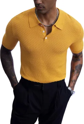 Mainfini Mens Knit Button Polo Shirts Vintage 70s Golf Shirt Casual Beach Vacation Outfit