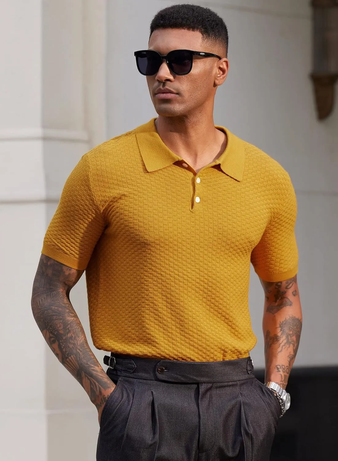 Mainfini Mens Knit Button Polo Shirts Vintage 70s Golf Shirt Casual Beach Vacation Outfit