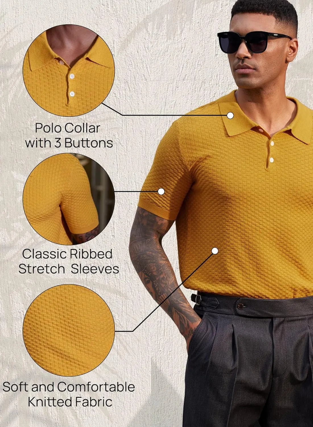 Mainfini Mens Knit Button Polo Shirts Vintage 70s Golf Shirt Casual Beach Vacation Outfit