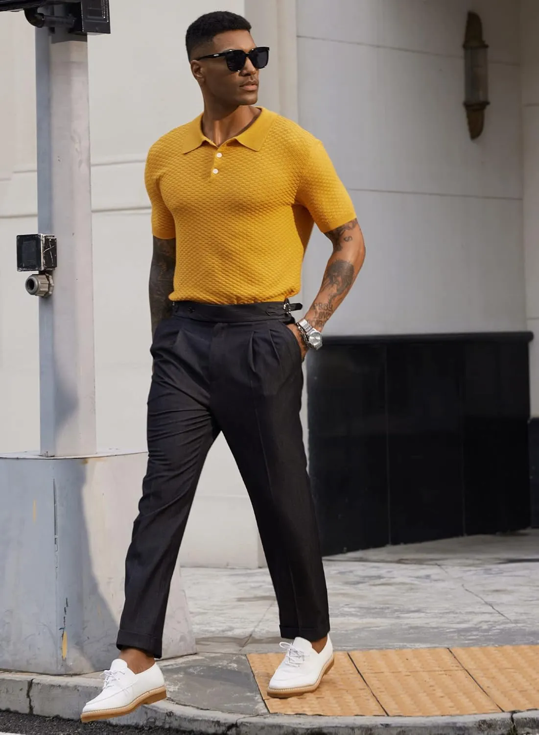 Mainfini Mens Knit Button Polo Shirts Vintage 70s Golf Shirt Casual Beach Vacation Outfit