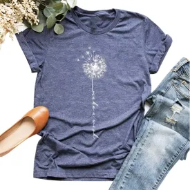 MaQiYa Womens Cute Make A Wish Dandelion Printed Tee Shirts Summer Cotton Vintage Graphic Tees Tops