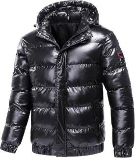 Men's Faux Fur Trimmed Puffer Coat Reflective Shiny Hood Plus Size Bomber Alternative Down Jacket for Stylish Comfort