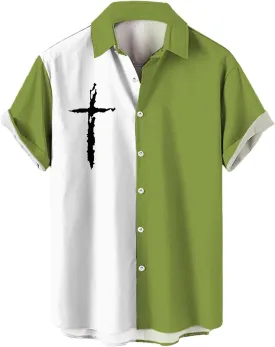 Men's Vintage Bowling Shirts Button Down Short Sleeve Sports T-Shirt Collared Cotton Summer Outdoor Beach Plain Tops
