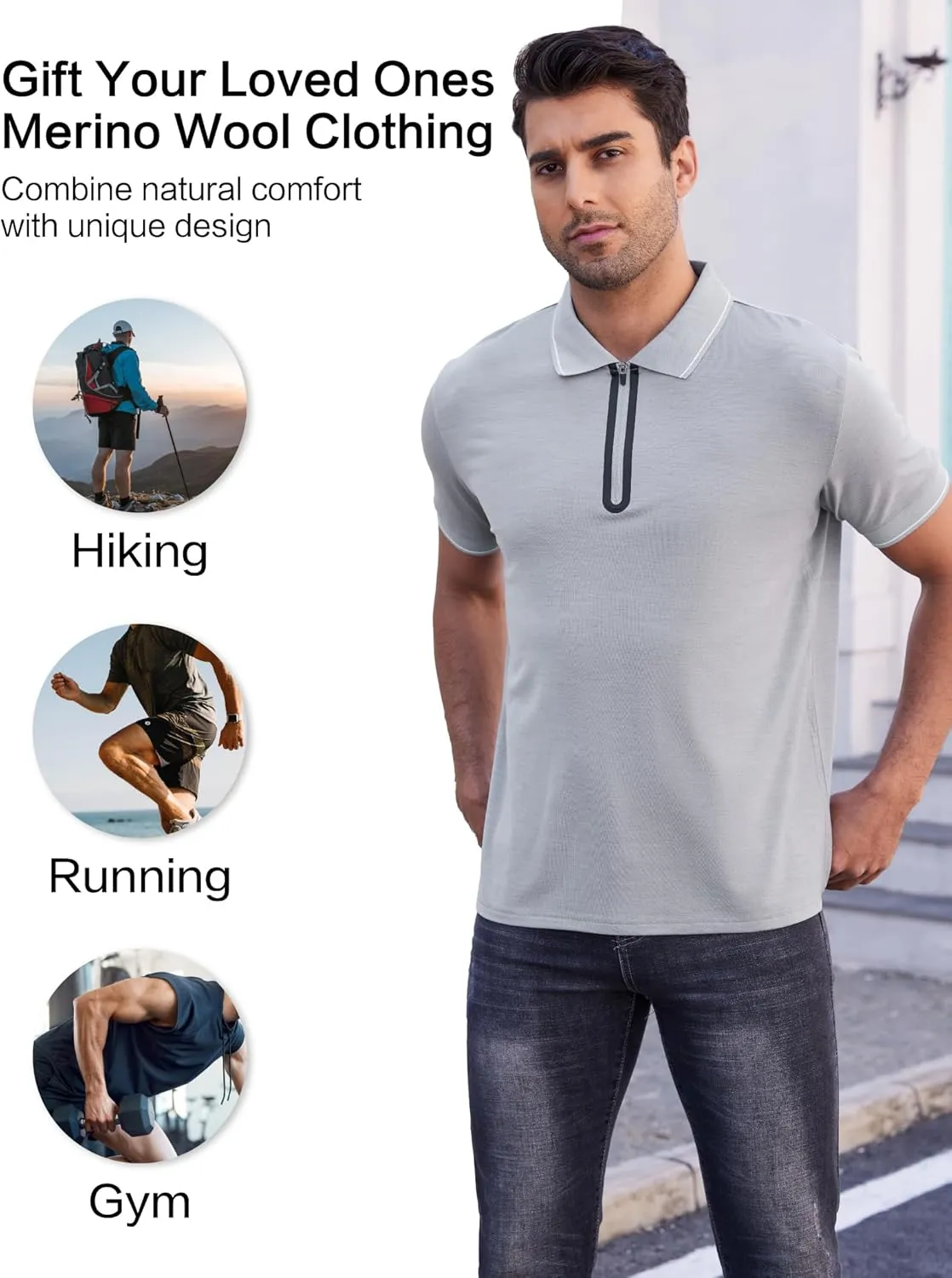 Merino Wool Polo Shirts for Men for Work Sport, Lightweight Breathable Moisture Wicking Mens Polo Shirt Short Sleeve
