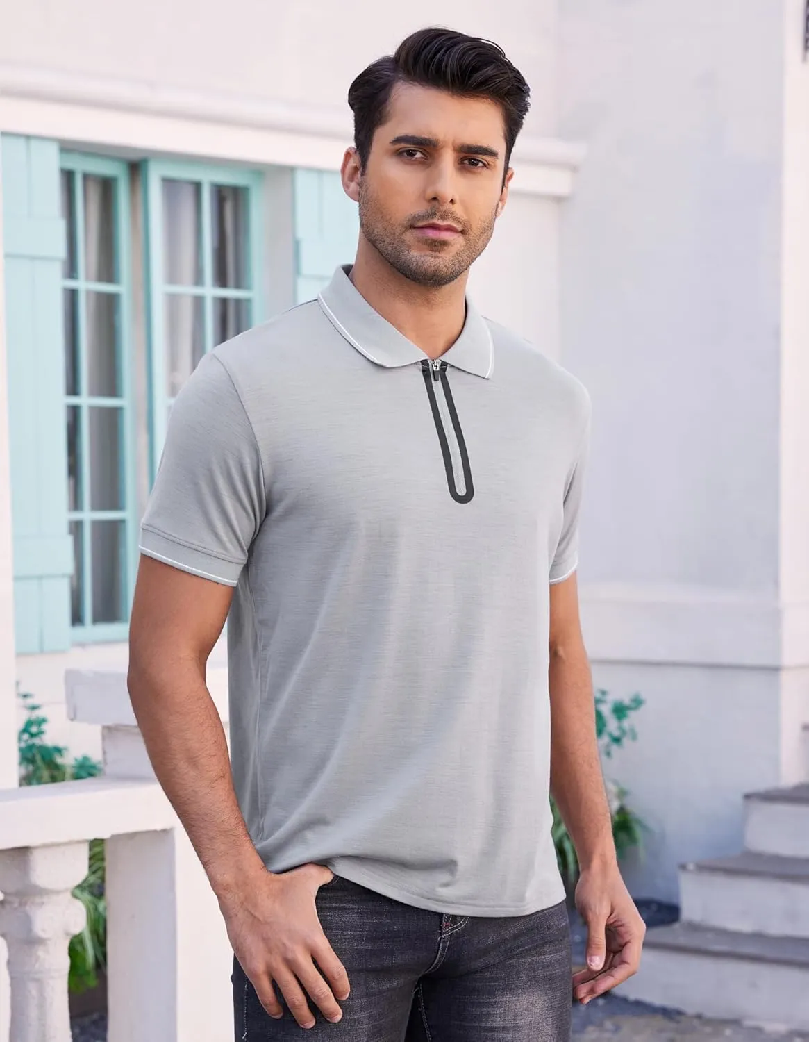 Merino Wool Polo Shirts for Men for Work Sport, Lightweight Breathable Moisture Wicking Mens Polo Shirt Short Sleeve
