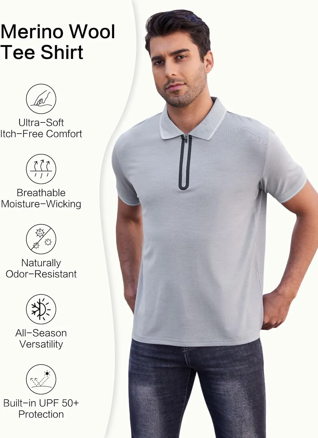 Merino Wool Polo Shirts for Men for Work Sport, Lightweight Breathable Moisture Wicking Mens Polo Shirt Short Sleeve