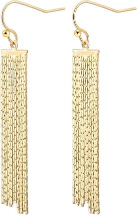 Minimalist Long Linear Drop Dangle Earrings with Luxury 18k Gold Plated High Shine Flat Chain Statement Jewelry for Women Party Gift 3.62