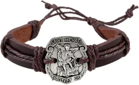 Needzo Saint Michael Bracelet, Brown Leather Adjustable Cuff, Prayer Protection Catholic Jewelry, 8 Inches