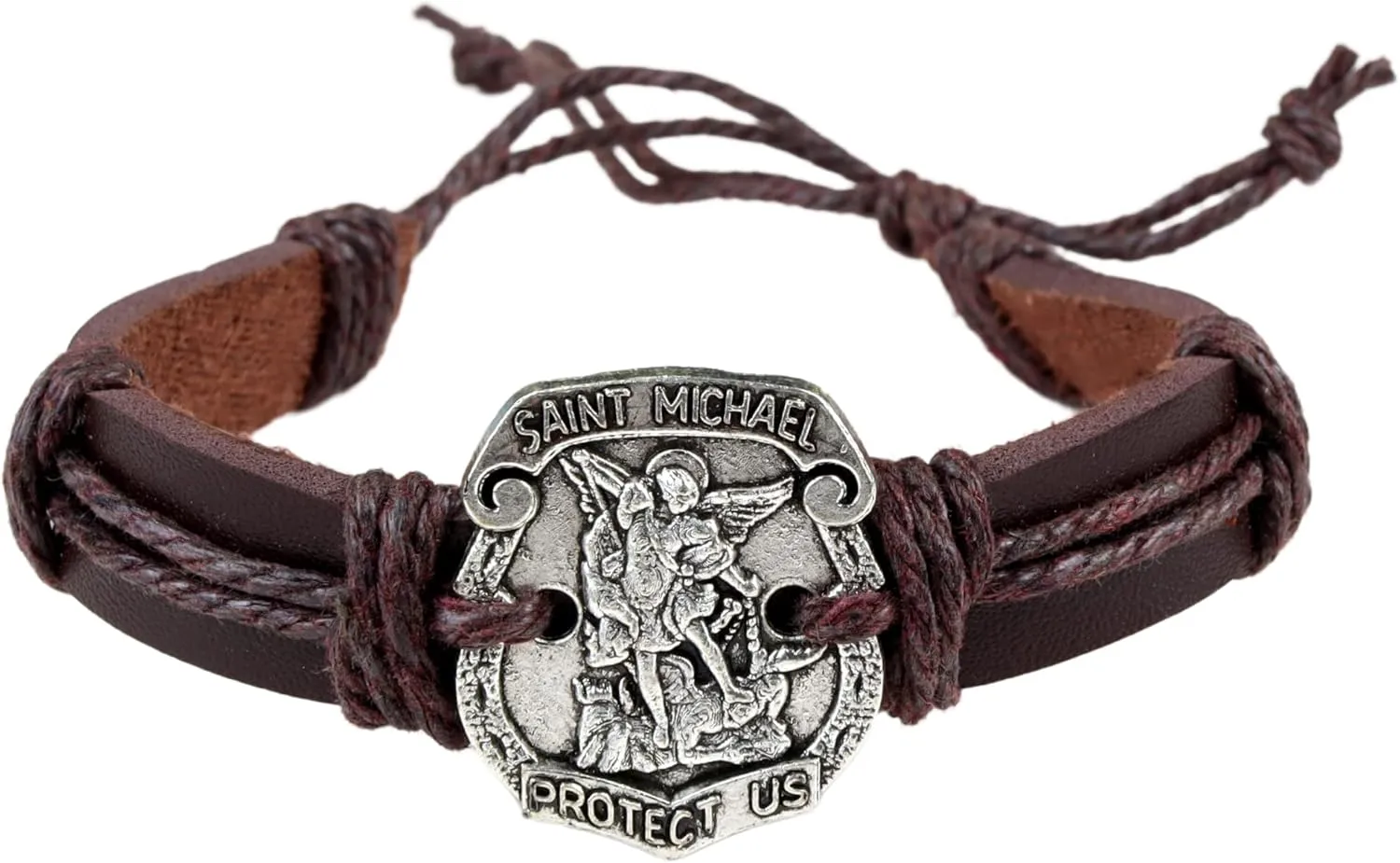 Needzo Saint Michael Bracelet, Brown Leather Adjustable Cuff, Prayer Protection Catholic Jewelry, 8 Inches
