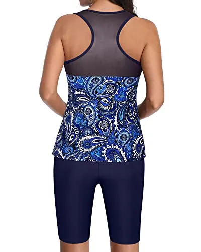 Racerback Swim Tops And Capris Athletic Swimwear 2 Piece Swimsuit-Navy Blue Tribal