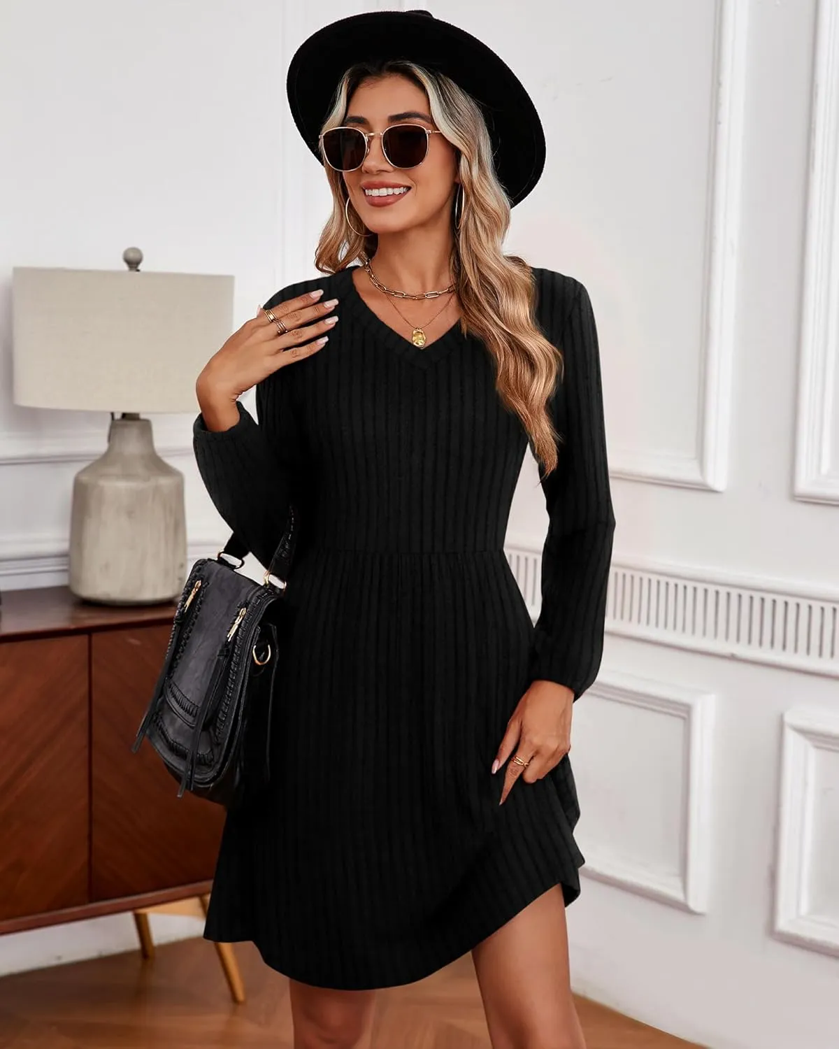 Riyiper Women's Dress with Pockets Winter Long Sleeve Sweater Dress V Neck Ribbed Knit Casual Tunic Swing Dress