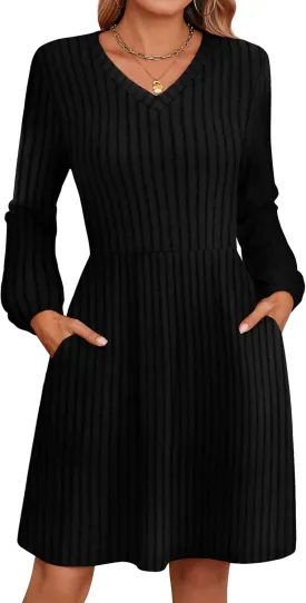 Riyiper Women's Dress with Pockets Winter Long Sleeve Sweater Dress V Neck Ribbed Knit Casual Tunic Swing Dress