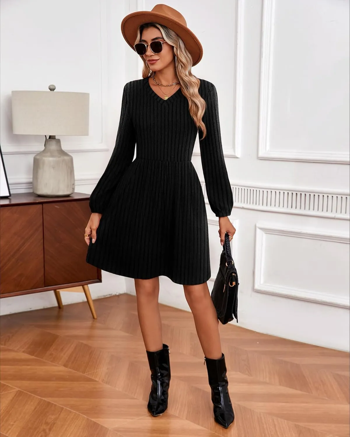 Riyiper Women's Dress with Pockets Winter Long Sleeve Sweater Dress V Neck Ribbed Knit Casual Tunic Swing Dress
