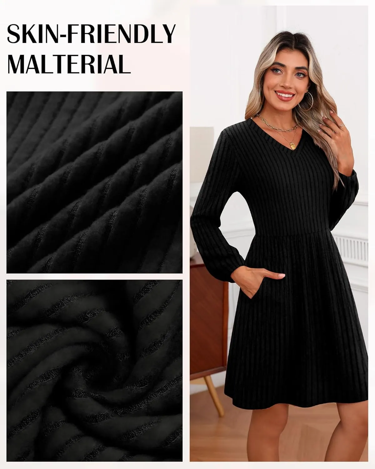 Riyiper Women's Dress with Pockets Winter Long Sleeve Sweater Dress V Neck Ribbed Knit Casual Tunic Swing Dress