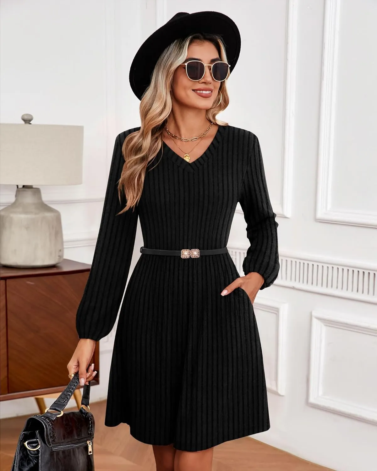 Riyiper Women's Dress with Pockets Winter Long Sleeve Sweater Dress V Neck Ribbed Knit Casual Tunic Swing Dress