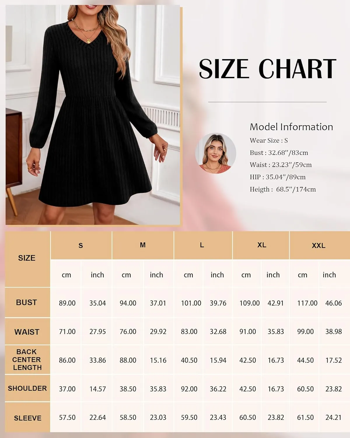Riyiper Women's Dress with Pockets Winter Long Sleeve Sweater Dress V Neck Ribbed Knit Casual Tunic Swing Dress
