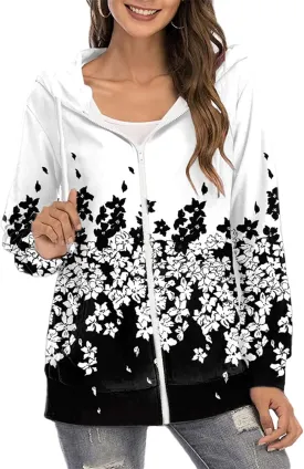 RMXEi women winter coats Ladies Casual Full Zip Hoodie Floral Print Loose Long Sleeve Jacket With Pockets Coat