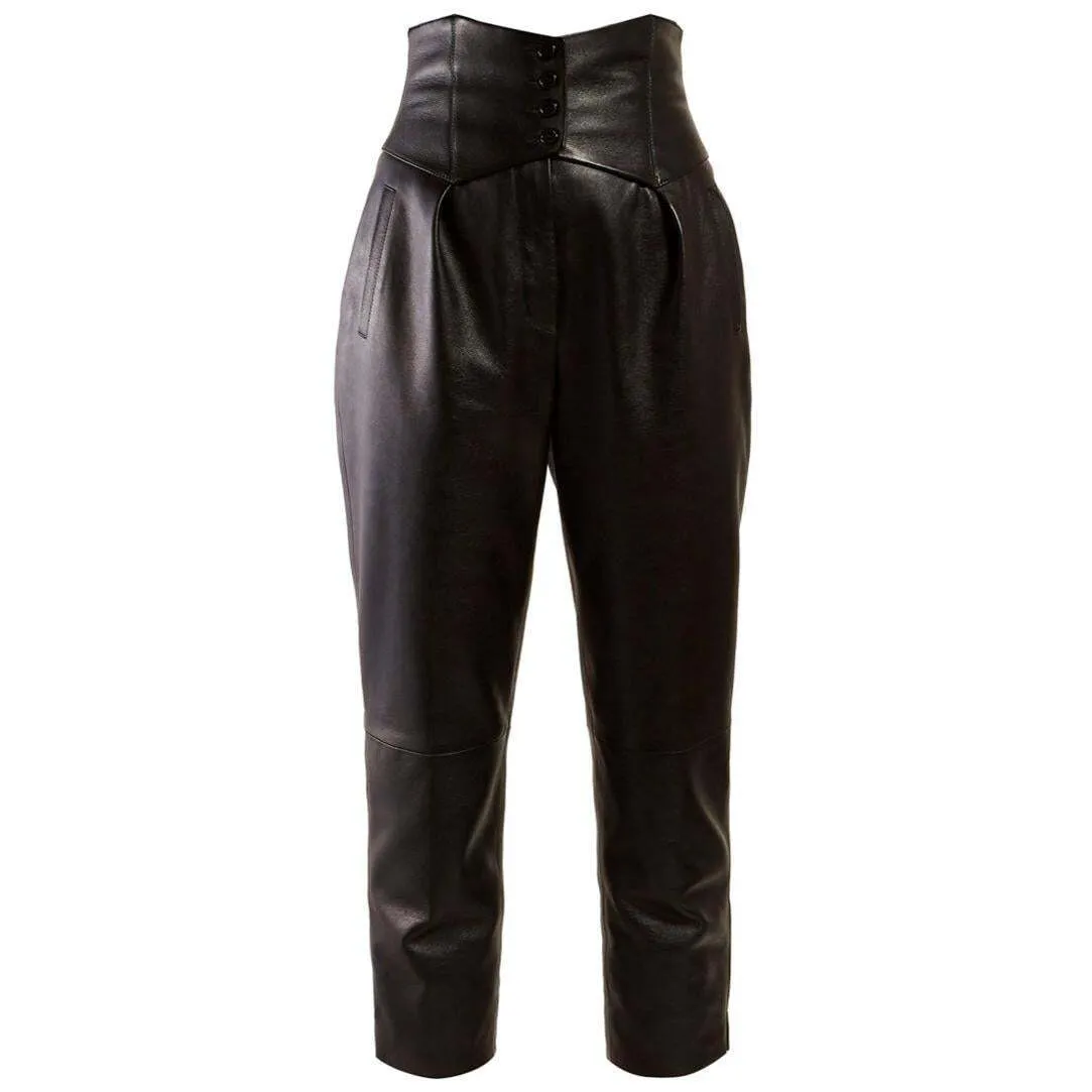 SAINT LAURENT Leather Black Lambskin Corset-waist Trousers Pants F 40 ladies