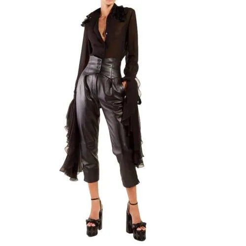 SAINT LAURENT Leather Black Lambskin Corset-waist Trousers Pants F 40 ladies