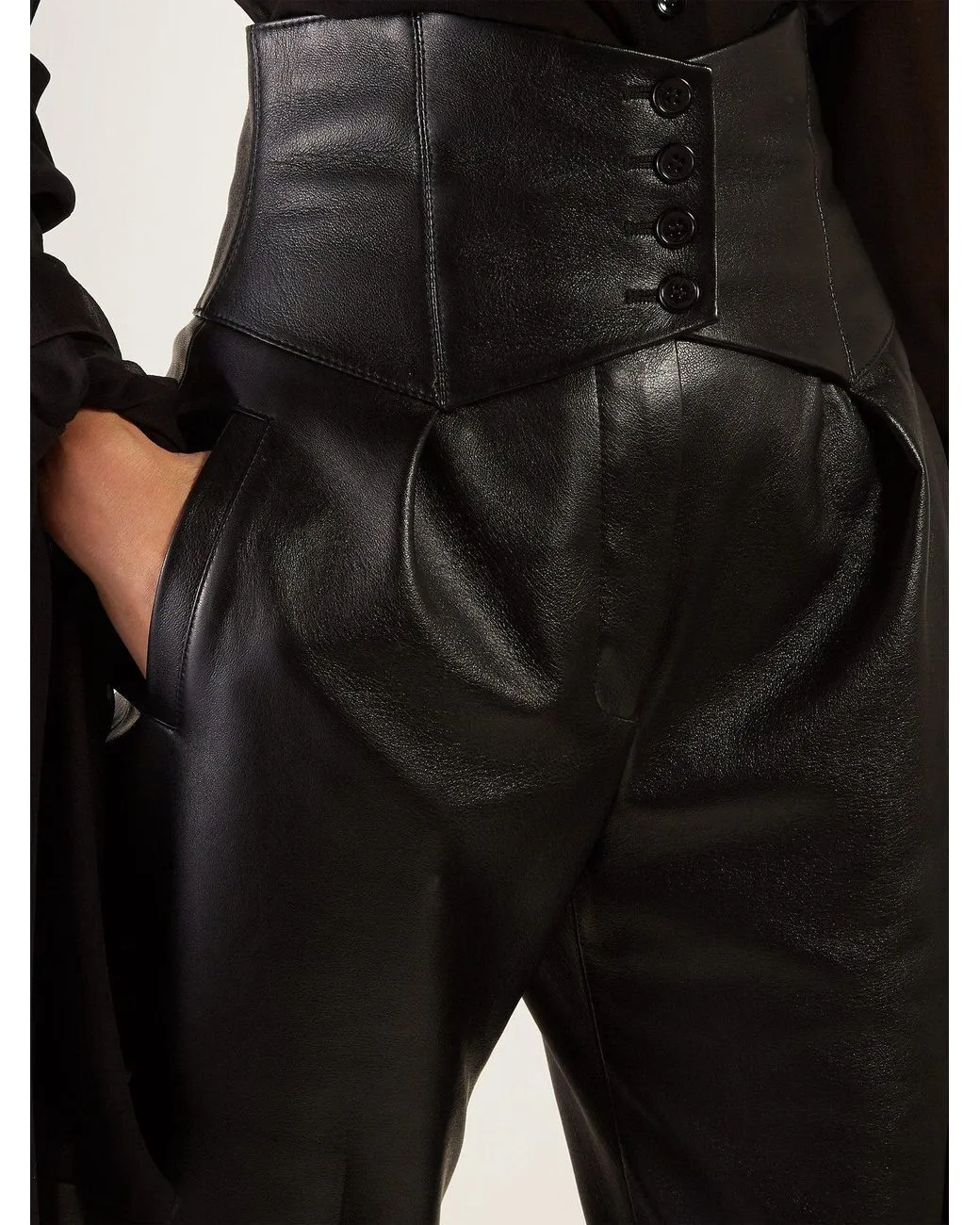 SAINT LAURENT Leather Black Lambskin Corset-waist Trousers Pants F 40 ladies