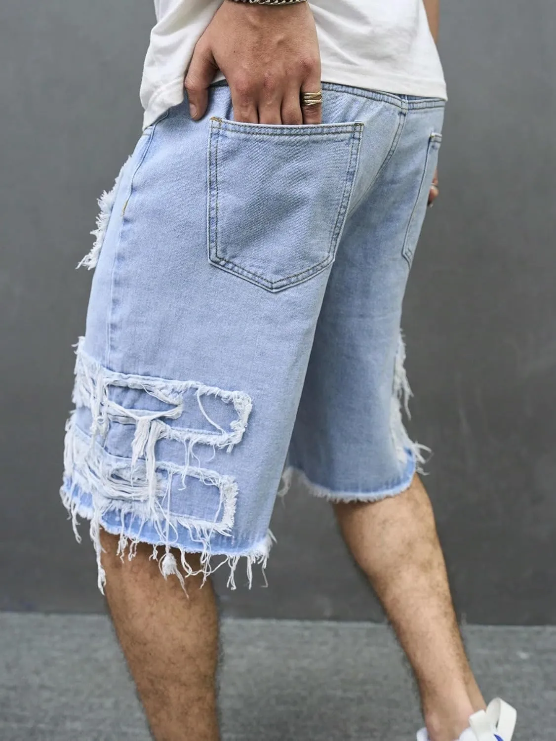 Verdusa Men's Distressed Ripped Jean Shorts Loose Straight Leg Summer Denim Shorts with Pockets