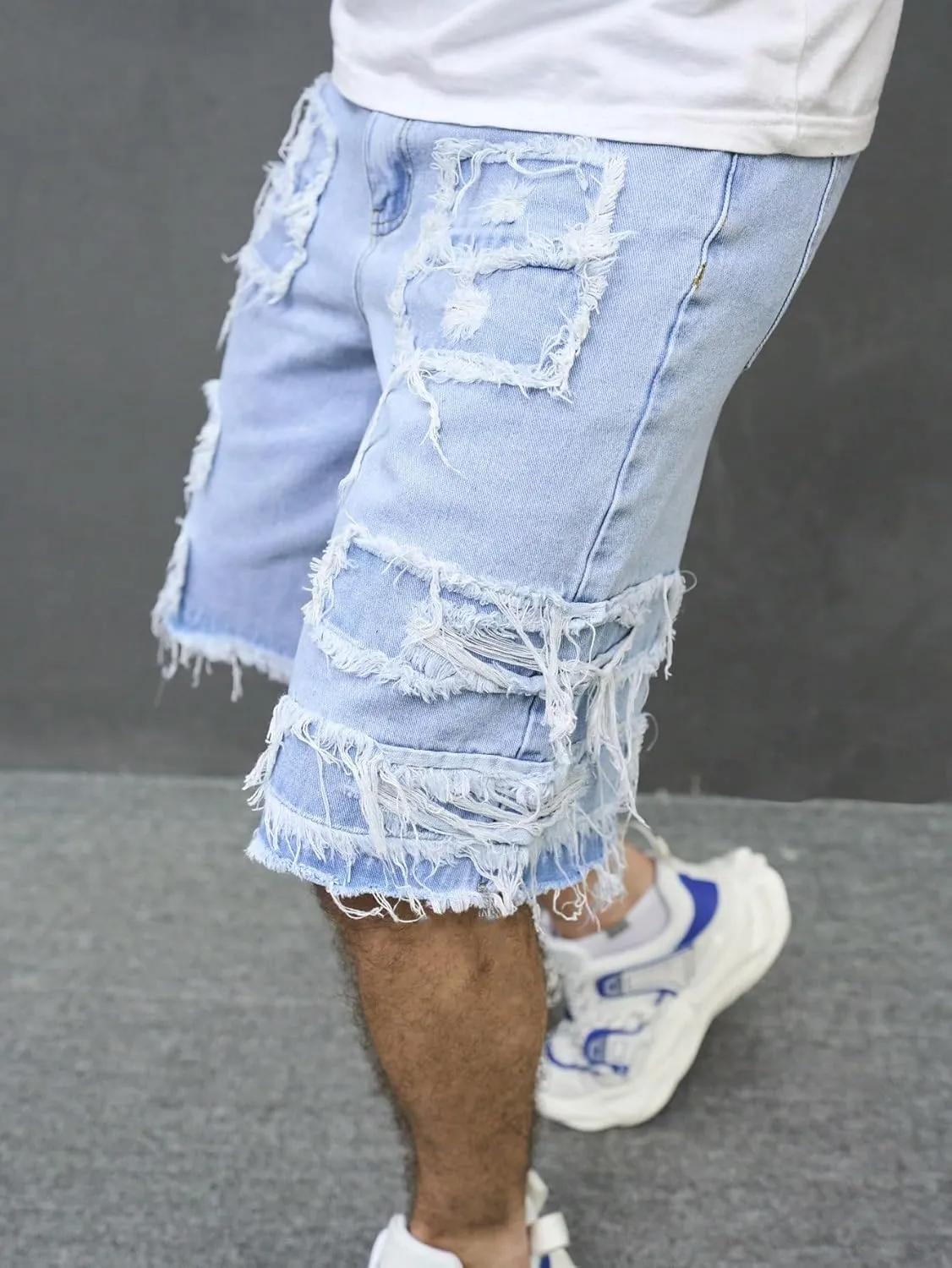Verdusa Men's Distressed Ripped Jean Shorts Loose Straight Leg Summer Denim Shorts with Pockets