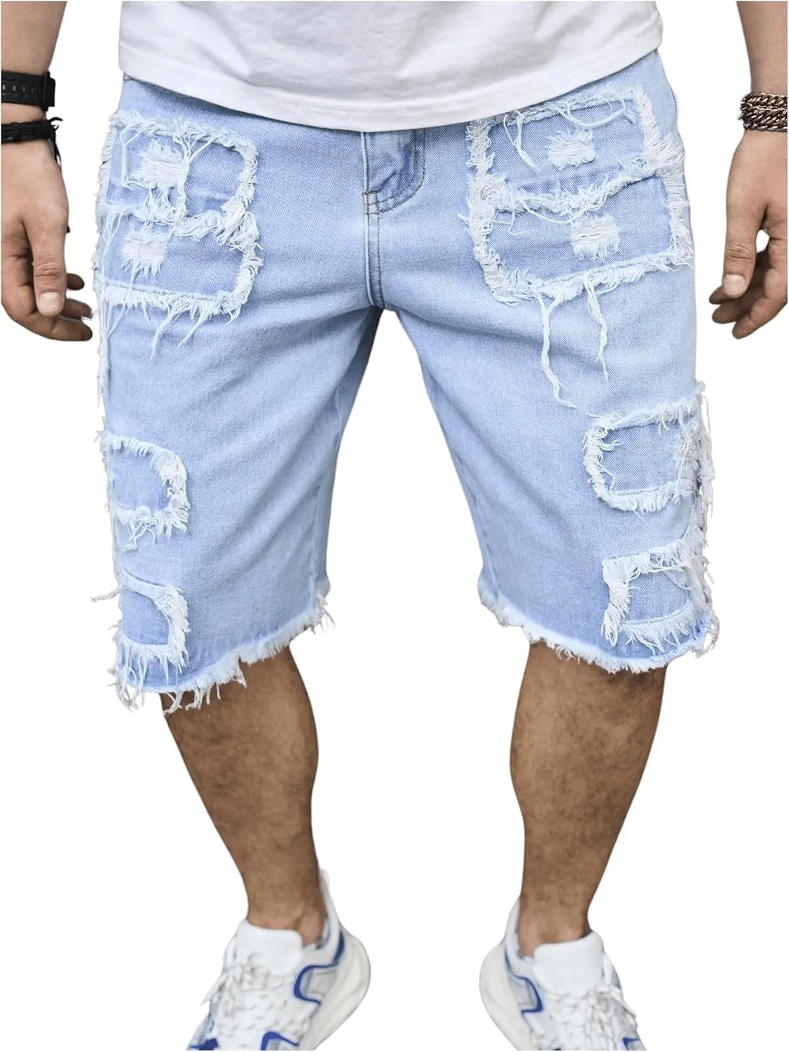 Verdusa Men's Distressed Ripped Jean Shorts Loose Straight Leg Summer Denim Shorts with Pockets