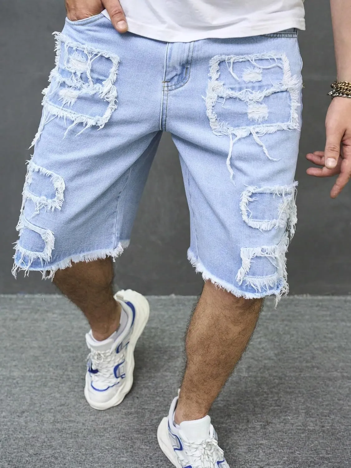 Verdusa Men's Distressed Ripped Jean Shorts Loose Straight Leg Summer Denim Shorts with Pockets