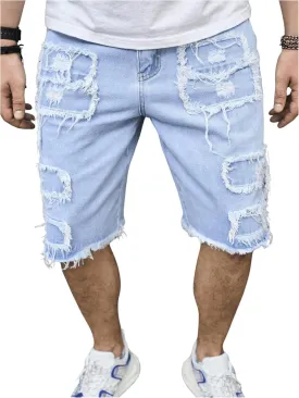 Verdusa Men's Distressed Ripped Jean Shorts Loose Straight Leg Summer Denim Shorts with Pockets