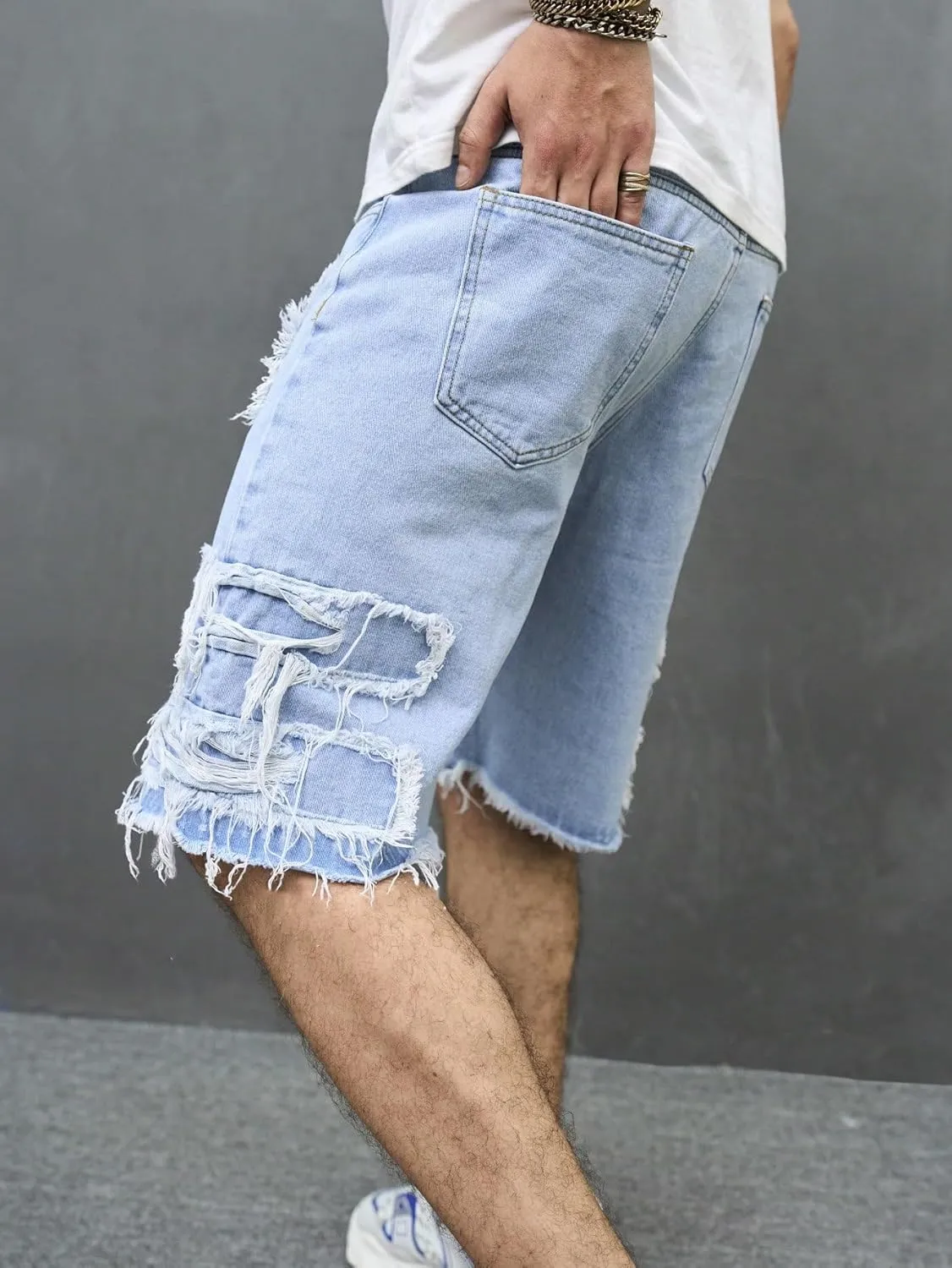 Verdusa Men's Distressed Ripped Jean Shorts Loose Straight Leg Summer Denim Shorts with Pockets