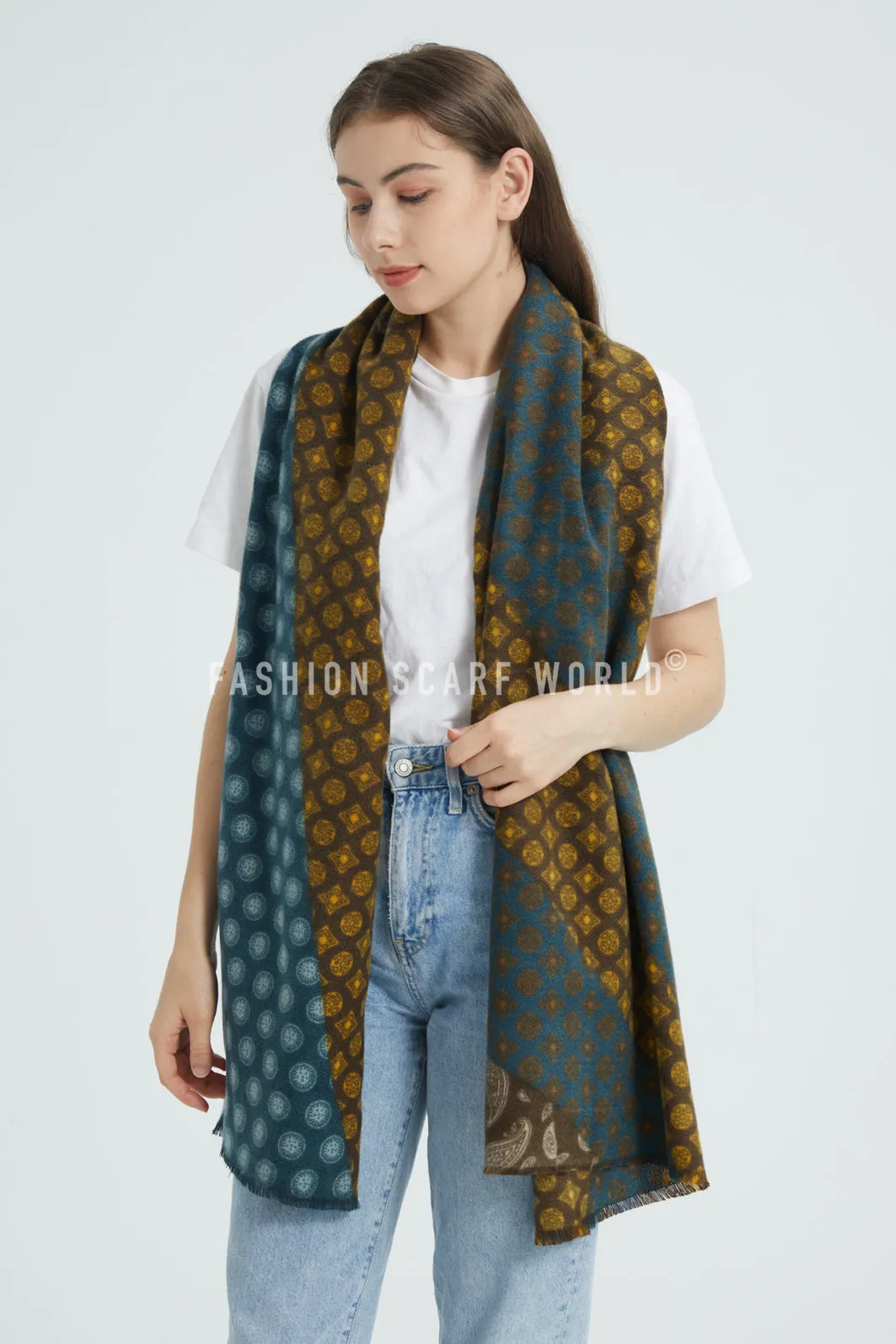 Vinatge Paisley Stripe Soft Wool Blanket Frayed Scarf
