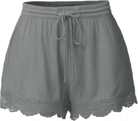 Women Lace Print Hem Straight Leg Casual Shorts Elastic High Waist with Drawstring Skorts Trendy Streetwear Outfits