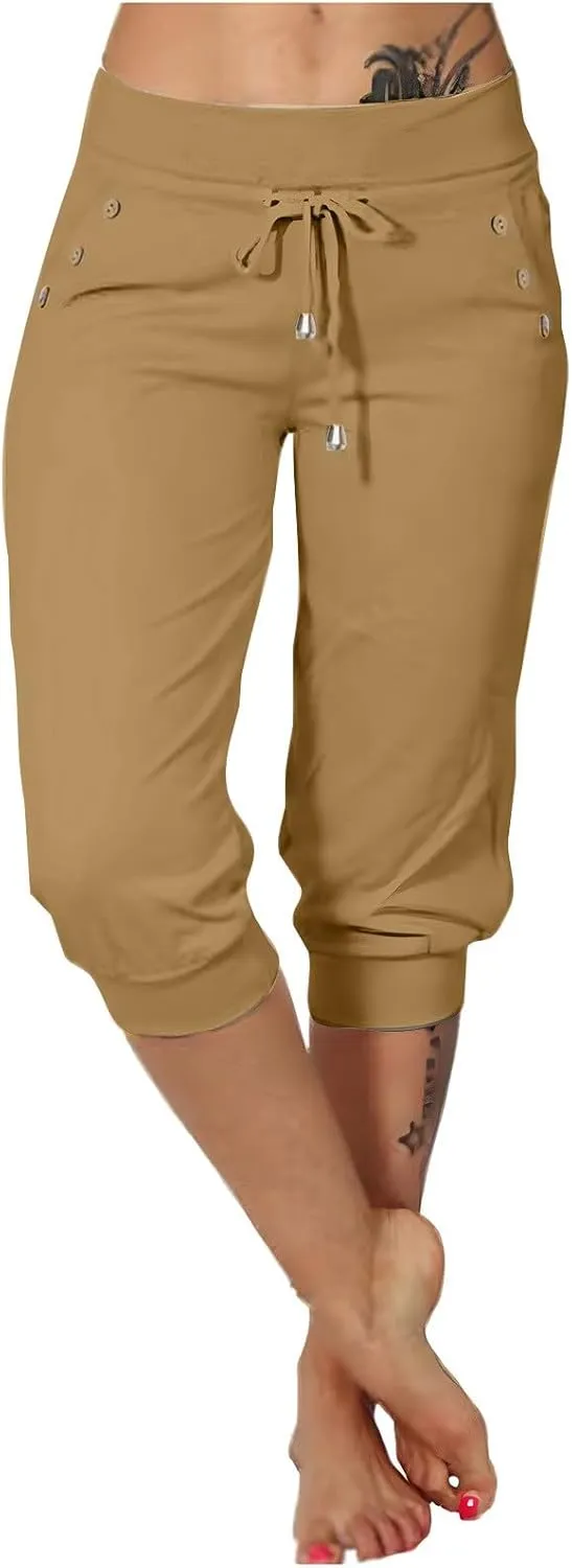 Women Straight Leg Capri Jogger with Pocket Track Cuff Sweatpants Drawstring Pull on Athletic Workout Lounge Shorts