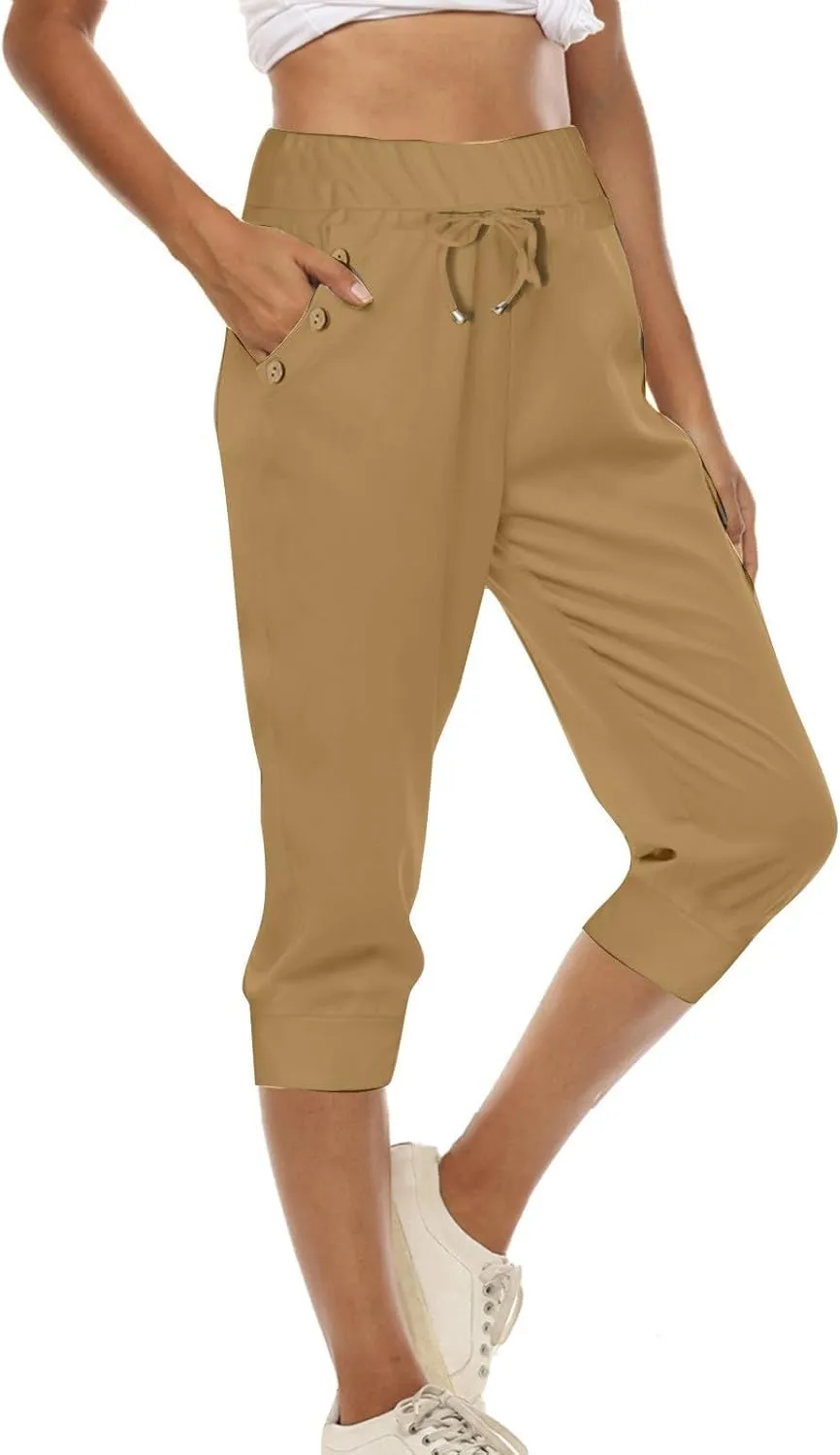 Women Straight Leg Capri Jogger with Pocket Track Cuff Sweatpants Drawstring Pull on Athletic Workout Lounge Shorts