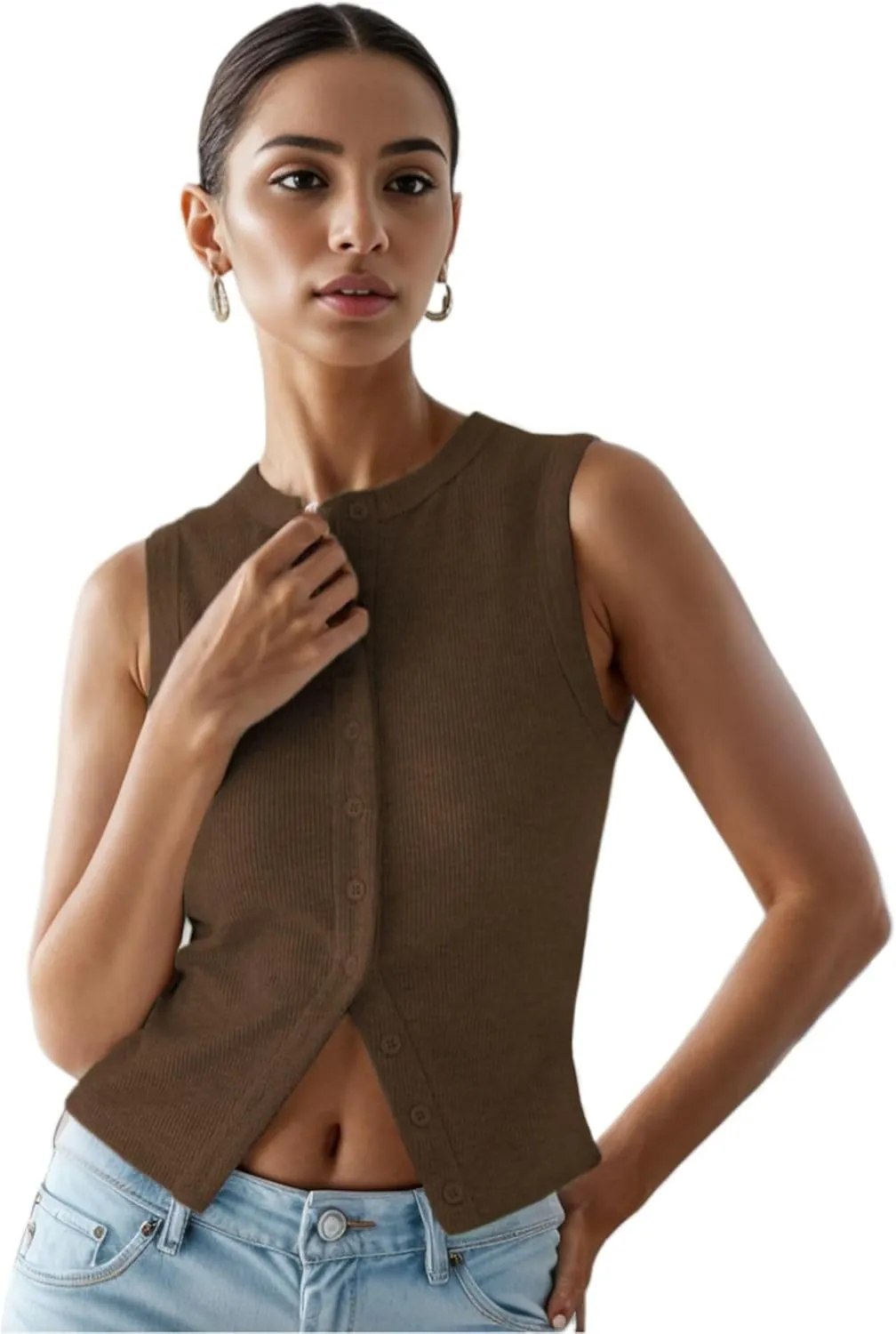 Womens Button Down Tank Tops Ribbed Summer Vest Button Up Open Front Sleeveless Slim Fit Crop Going Out Tops