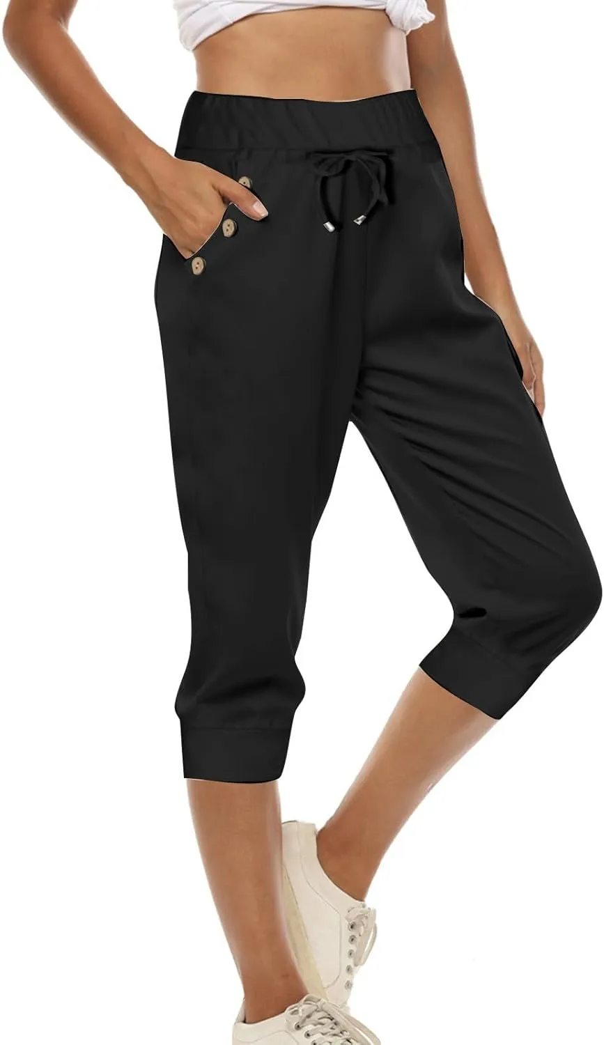 Womens Capri Pants High Waisted Drawstring Joggers Stretch Lightweight Casual Hiking Yoga Plus Size Pants with Pockets