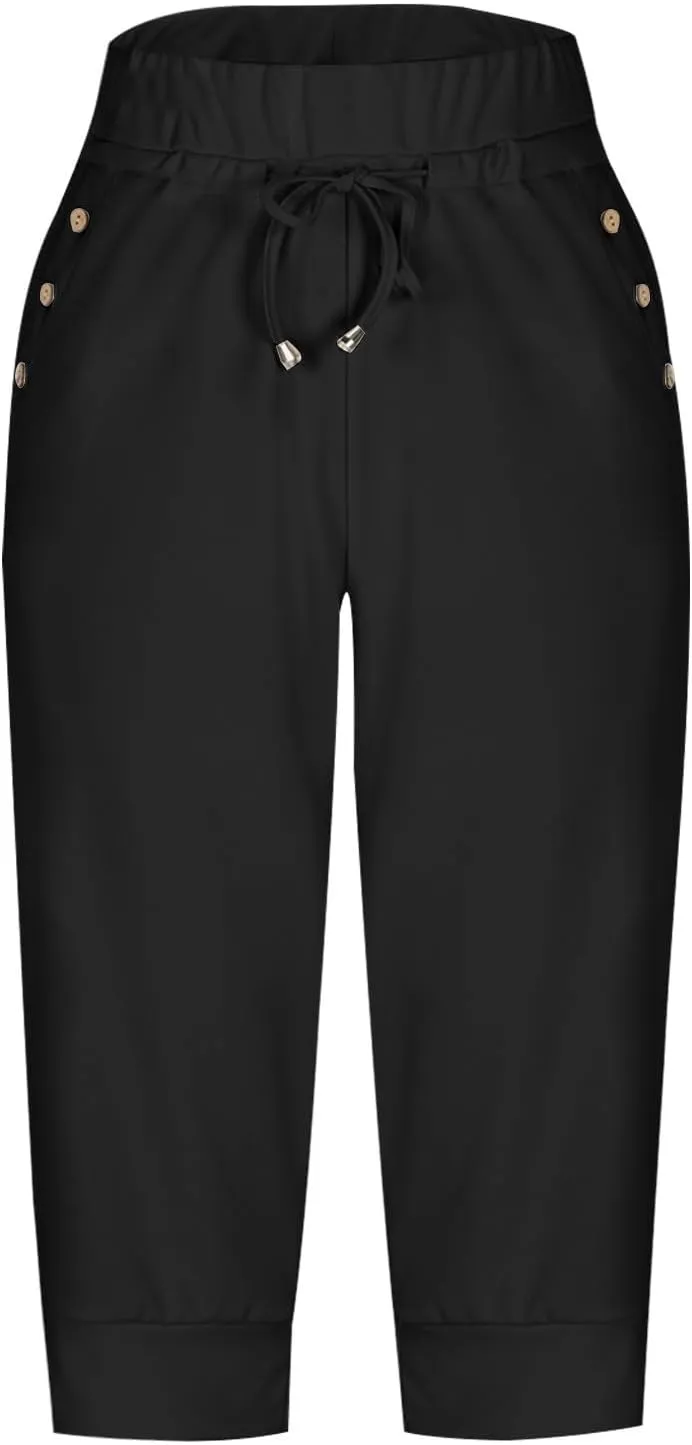 Womens Capri Pants High Waisted Drawstring Joggers Stretch Lightweight Casual Hiking Yoga Plus Size Pants with Pockets